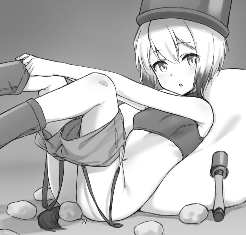 absurdres animal_ears ass blush breasts clothes_pull commentary erica_hartmann explosive fankupl female grenade greyscale highres looking_at_viewer monochrome navel no_panties open_mouth pot_on_head potato short_hair shorts shorts_pull small_breasts solo sports_bra stielhandgranate strike_witches symbol-only_commentary world_witches_series