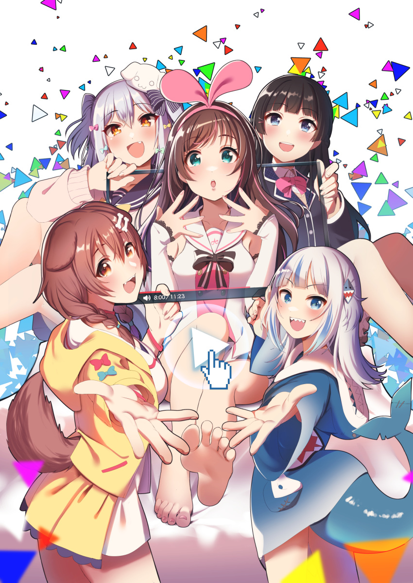 1boy 4girls animal_ears animal_hood bangs bare_legs barefoot black_hair blue_eyes blue_hair blue_hoodie blue_skirt blunt_bangs blurry blurry_foreground blush bow bowtie bracelet braid breasts brown_hair cardigan casino_(casinoep) collarbone cowboy_shot crossdressing detached_sleeves dog_ears dog_girl dog_tail doujinshi eyebrows_visible_through_hair fangs feet fish_tail foot_up foreshortening gawr_gura green_eyes group_picture hair_between_eyes hair_over_shoulder hairband hairbow hands_up highres holding hololive hololive_english hood hooded_jacket hoodie inugami_korone inuyama_tamaki jacket jewelry kizuna_ai legs_together long_hair long_sleeves looking_at_viewer medium_breasts mouse_pointer multicolored_hair multiple_girls nail_polish nijisanji non-web_source noripro oerba_yun_fang open_mouth orange_eyes otoko_no_ko outstretched_arm oversized_clothes pink_bow pink_cardigan pink_hair pink_hairband pink_nails pose school_uniform shark_girl shark_tail sharp_teeth shiny shiny_hair shirt shorts sidelocks silver_hair sitting skirt sleeveless sleeveless_shirt sleeves_past_wrists small_breasts smile standing streaked_hair surprised swept_bangs tail teeth toenail_polish toenails toes tsukino_mito twin_braids upper_teeth virtual_youtuber white_shorts wide_sleeves yellow_bow yellow_bowtie yellow_jacket