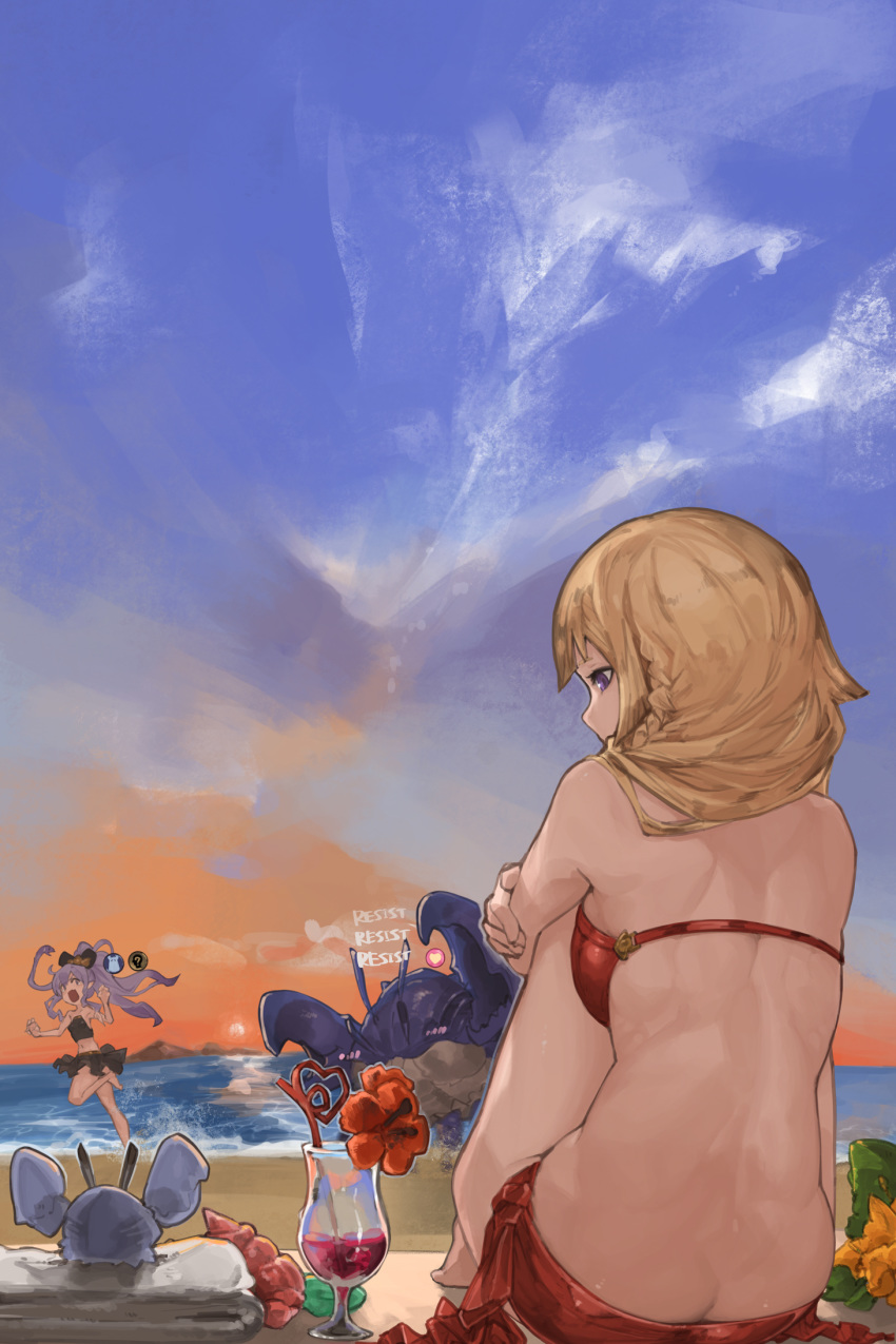 2girls athena_(granblue_fantasy) back barefoot beach bikini blonde_hair blue_eyes blue_sky butt_crack cloud commission crab crazy_straw cup drink drinking_glass drinking_straw flower from_behind gameplay_mechanics granblue_fantasy grey_hair hair_ribbon heart_straw highres hugging_own_legs hurricane_glass medusa_(shingeki_no_bahamut) multiple_girls n9+ open_mouth outdoors red_eyes ribbon running seashell shell sitting skeb_commission sky snake_hair sun swimsuit twilight