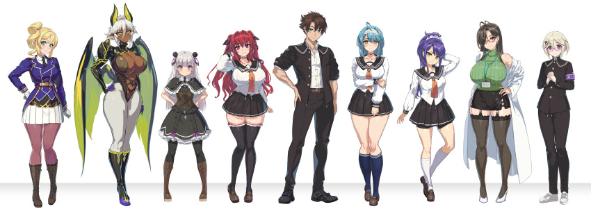 1boy 6+girls absurdres ahoge arm_under_breasts blue_hair blush braid breasts brown_hair celis_reinhartd character_request closed_mouth dark-skinned_female dark_skin full_body green_eyes hairband hand_on_own_arm hasegawa_chisato highres holding_own_arm large_breasts long_hair looking_at_viewer multiple_girls naruse_maria naruse_mio neck_tattoo nonaka_kurumi nonaka_yuki official_art ookuma_nekosuke red_eyes red_hair school_uniform shinmai_maou_no_testament short_hair side_braid skirt slave_brand smile tachibana_nanao tattoo thick_thighs thighhighs thighs toujou_basara twintails very_dark_skin white_background yellow_eyes zest