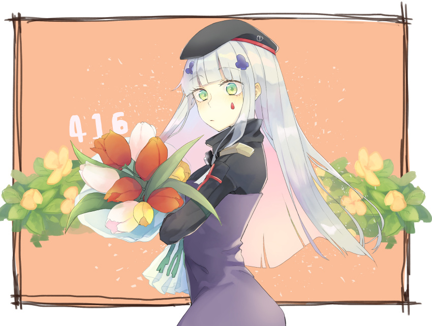 416_day beret black_hat bouquet female flower from_side girls'_frontline green_eyes hair_ornament hat highres hk416_(girls'_frontline) holding holding_bouquet light_blush long_hair looking_at_viewer sakana-ko solo straight_hair teardrop tulip white_flower white_hair white_tulip