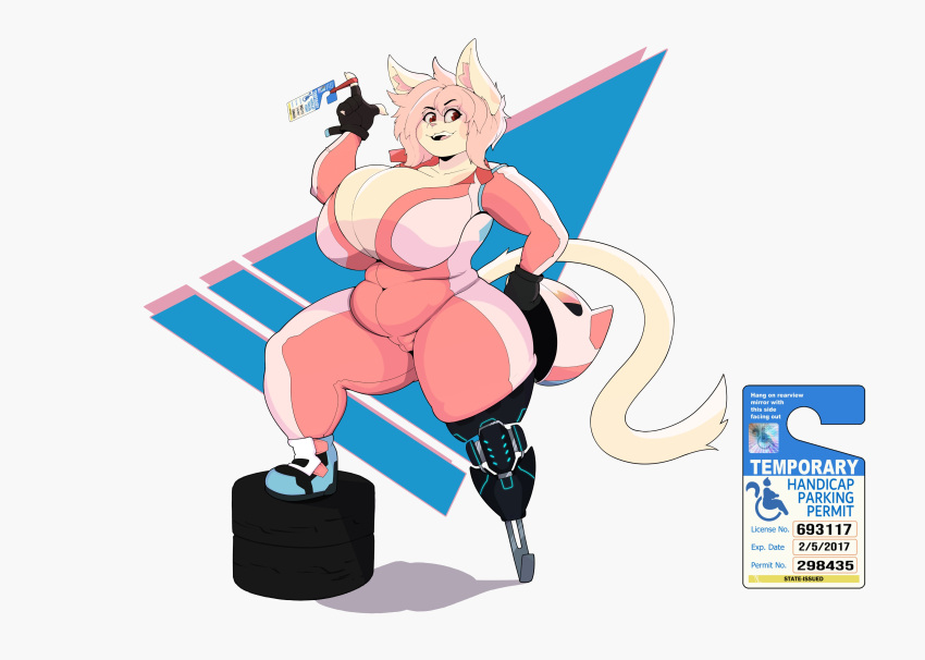 2021 absurd_res amputee anthro armor belly belly_folds belly_overhang big_breasts breasts capri_(doxxyl) cleavage clothed clothing digital_media_(artwork) disability domestic_cat english_text felid feline felis female hair headgear helmet hi_res huge_breasts humor inner_ear_fluff jawful mammal pink_hair prosthetic prosthetic_leg prosthetic_limb red_eyes simple_background slightly_chubby slightly_chubby_female solo text thick_thighs tight_clothing tire tuft