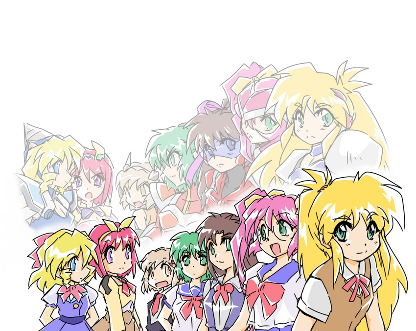 6+girls blonde_hair blue_eyes brown_hair character_request chou_kousoku_grandoll commentary_request crossover ginga_ojou-sama_densetsu_yuna glasses green_eyes green_hair hair_ribbon long_hair moldiver multiple_girls okuri_ookami pink_eyes pink_hair ribbon sailor_collar school_uniform senki_zesshou_symphogear short_hair tachibana_hibiki_(symphogear) twintails