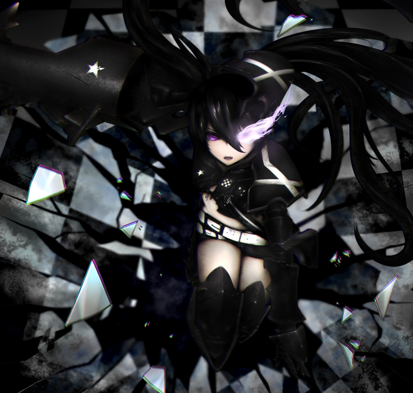 armor belt black_hair black_rock_shooter black_rock_shooter_(character) black_shorts checkered_floor commentary_request female flaming_eye from_above glass_shards hair_between_eyes highres insane_black_rock_shooter kinoshita_ringo_(kagamine-ren02) long_hair looking_at_viewer open_mouth purple_eyes short_shorts shorts solo star_(symbol) twintails very_long_hair