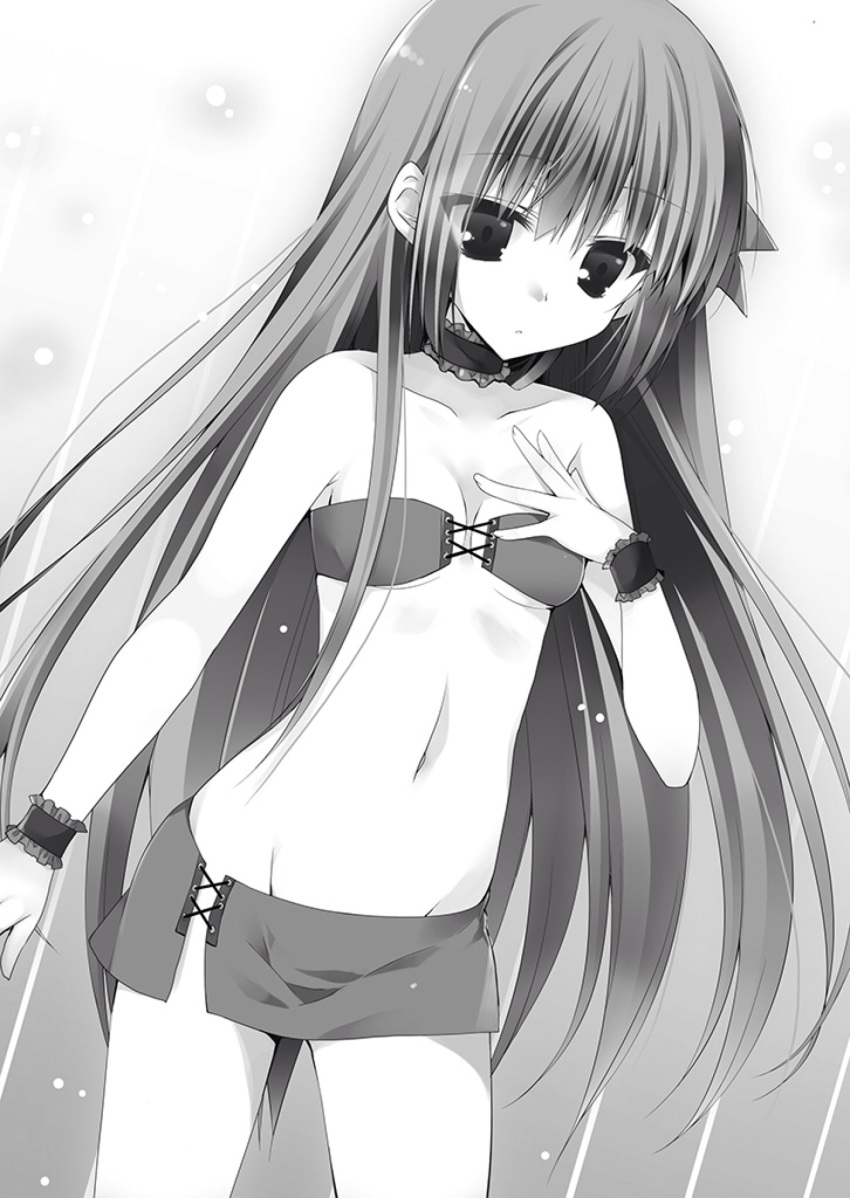 bikini breasts choker claire_rouge cleavage collarbone cowboy_shot female floating_hair greyscale groin highres long_hair monochrome navel non-web_source novel_illustration official_art photoshop_(medium) seirei_tsukai_no_blade_dance shimesaba_kohada small_breasts solo standing strapless strapless_bikini swimsuit very_long_hair wrist_cuffs