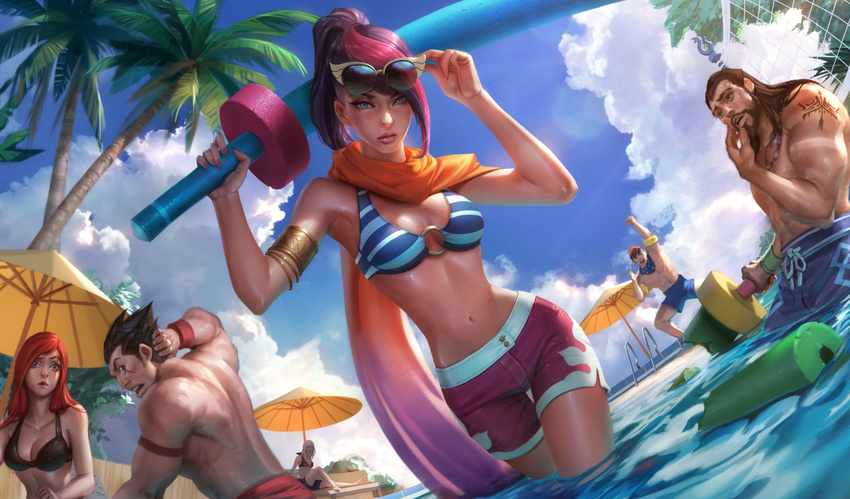 3boys 3girls adjusting_eyewear alternate_costume arm_tattoo armlet artstation_sample ashe_(league_of_legends) beach_umbrella beard bikini bikini_top_only black_hair blue_eyes breasts brown_hair chengwei_pan cleavage commentary_request darius_(league_of_legends) facial_hair fiora_(league_of_legends) garen_(league_of_legends) highres image_sample inflatable_armbands katarina_(league_of_legends) league_of_legends long_hair male_swimwear midriff moustache multicolored_hair multiple_boys multiple_girls nail_polish navel o-ring o-ring_top official_art outdoors palm_tree partially_submerged photoshop_(medium) pink_nails pool pool_party_fiora red_hair scar scar_across_eye scar_on_face scarf short_hair short_ponytail shorts sitting spiked_hair standing sunglasses swim_trunks swimsuit tattoo toy_sword tree tryndamere umbrella water white_hair