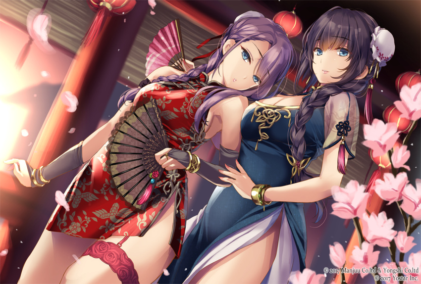 2girls alternate_hairstyle azur_lane bangle bare_shoulders black_legwear blue_dress blue_eyes blush bow bracelet braid breasts bridal_garter bridal_gauntlets brown_gloves bun_cover china_dress chinese_clothes cleavage cleavage_cutout clothing_cutout commentary_request curacoa_(azur_lane) curacoa_(eastern_grace)_(azur_lane) curlew_(azur_lane) curlew_(rhythm_of_the_dragon_empery)_(azur_lane) double_bun dress flower folding_fan gloves gold gold_trim hair_between_eyes hair_bun hair_flower hair_ornament hairbow hand_fan head_tilt holding holding_fan indoors jewelry large_breasts long_hair monety multiple_girls official_alternate_costume official_art parted_lips pelvic_curtain petals photoshop_(medium) pink_flower purple_hair purple_ribbon red_dress ribbon side_braid side_slit sidelocks single_braid single_hair_bun skindentation smile standing sunset taut_clothes taut_dress thighs watermark