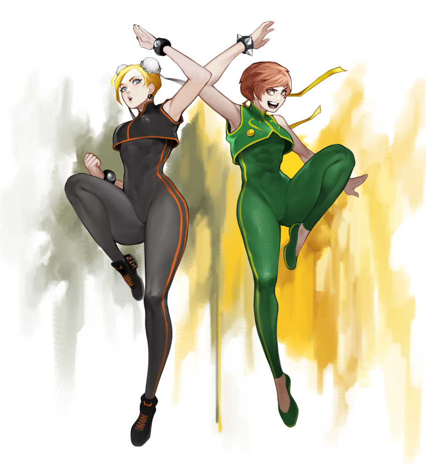 2girls abs atlus blonde_hair blue_eyes bracelets brown_eyes brown_hair capcom chinese chun-li cosplay earrings hair_bun headband kung_fu lisa_silverman multiple_girls painted_nails persona persona_2 persona_4 satonaka_chie street_fighter zelus