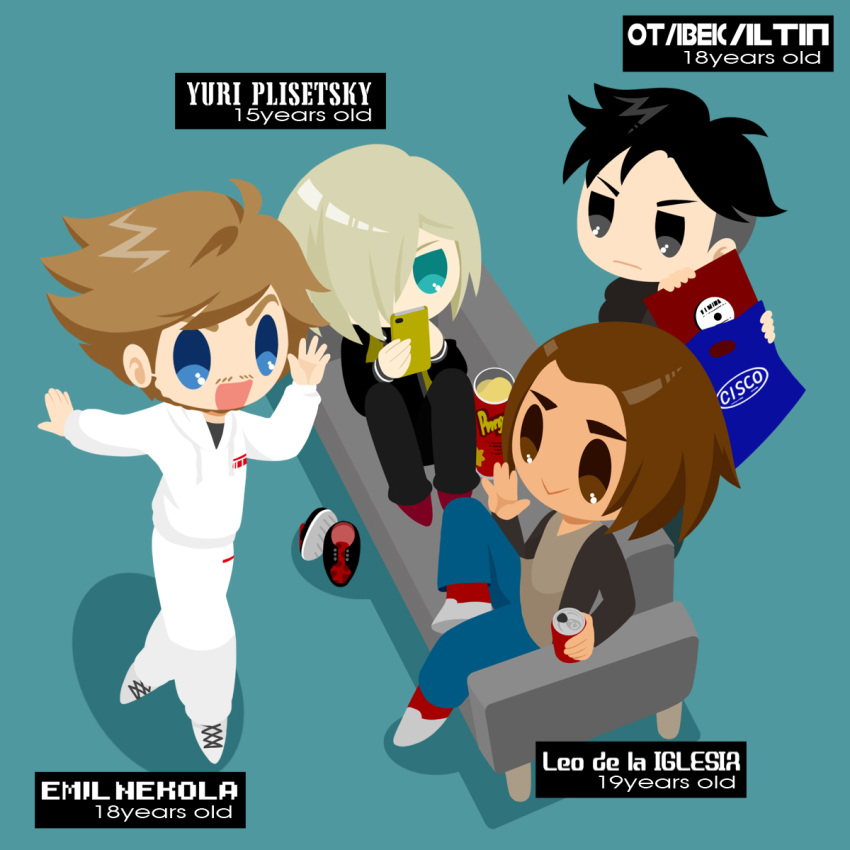 4boys :> :d bag beard black_hair blonde_hair blue_eyes brown_eyes brown_hair can cellphone character_name chips_(food) couch emil_nekola english_text facial_hair food green_eyes grey_eyes hair_over_one_eye highres hood hoodie kaorin_minogue leo_de_la_iglesia male_focus multiple_boys open_mouth otabek_altin phone potato_chips pringles pringles_can record shoes sitting smartphone smile unworn_shoes yuri!!!_on_ice yuri_plisetsky