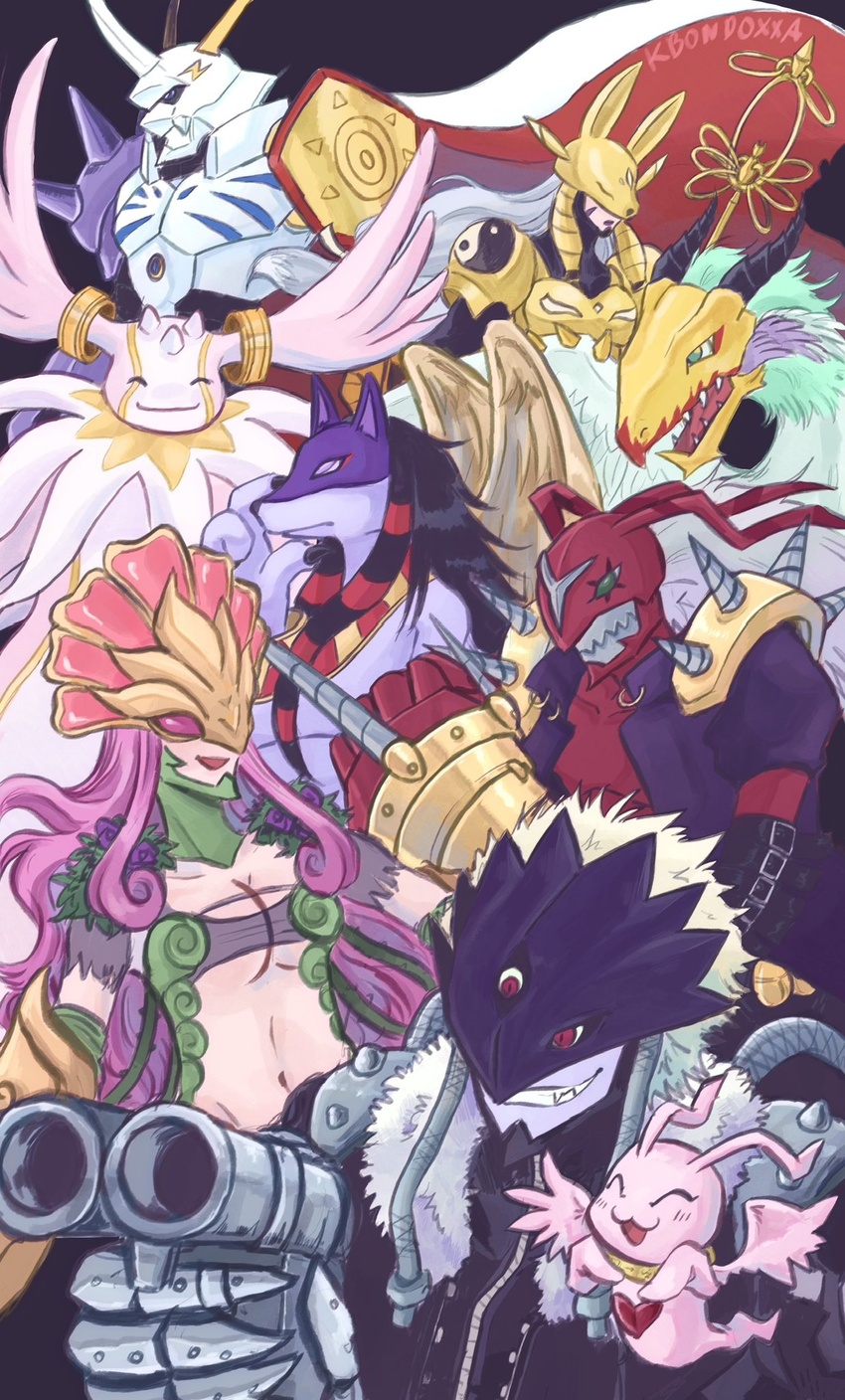 1boy 2girls ^_^ angel antennae anubimon armor banchostingmon beak beelzebumon black_hair black_jacket blonde_hair breasts cape ceresmon cherubimon cherubimon_(virtue) cleavage closed_eyes commentary covered_eyes demon digimon digimon_(creature) digimon_survive english_commentary fox_mask fur-trimmed_jacket fur_trim grin gun happy highres holding holding_gun holding_weapon horns jacket kari_(kbondoxxa) leather leather_jacket long_hair marinangemon mask multiple_girls navel omegamon open_mouth pink_hair sakuyamon sharp_teeth shoulder_spikes smile spikes teeth third_eye valdurmon weapon wings yin_yang zipper