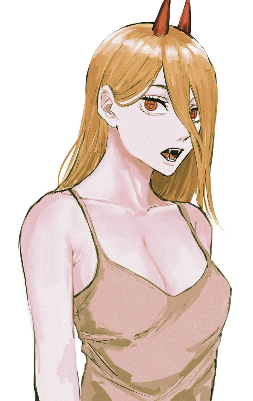 bad_id bad_twitter_id blonde_hair breasts brown_camisole camisole chainsaw_man cleavage collarbone cross-shaped_pupils demon_horns expressionless eyelashes fangs female hair_between_eyes highres horns long_hair looking_at_viewer medium_breasts open_mouth power_(chainsaw_man) raberu_ruru red_eyes red_horns simple_background sleeveless solo straight_hair symbol-shaped_pupils upper_body white_background