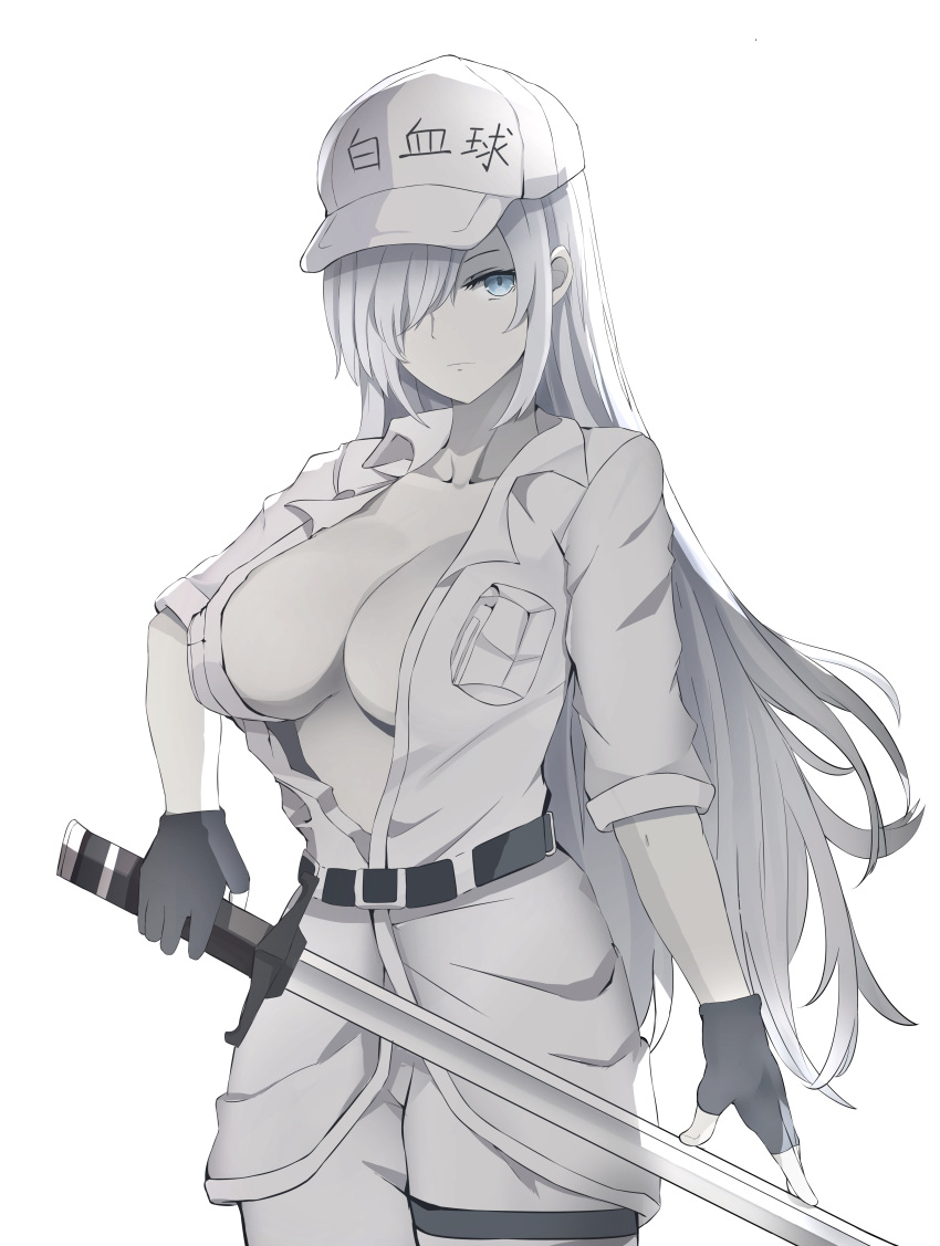 absurdres baseball_cap belt black_gloves blue_eyes breast_pocket breasts closed_mouth collared_jacket colored_skin cowboy_shot female fingerless_gloves gloves hair_over_one_eye hat hataraku_saibou hataraku_saibou_black highres holding holding_sword holding_weapon jacket jimmytwo1019 long_hair one_eye_covered open_clothes open_jacket pocket simple_background solo sword thigh_strap u-1196 weapon white_background white_blood_cell_(hataraku_saibou) white_hair white_hat white_skin