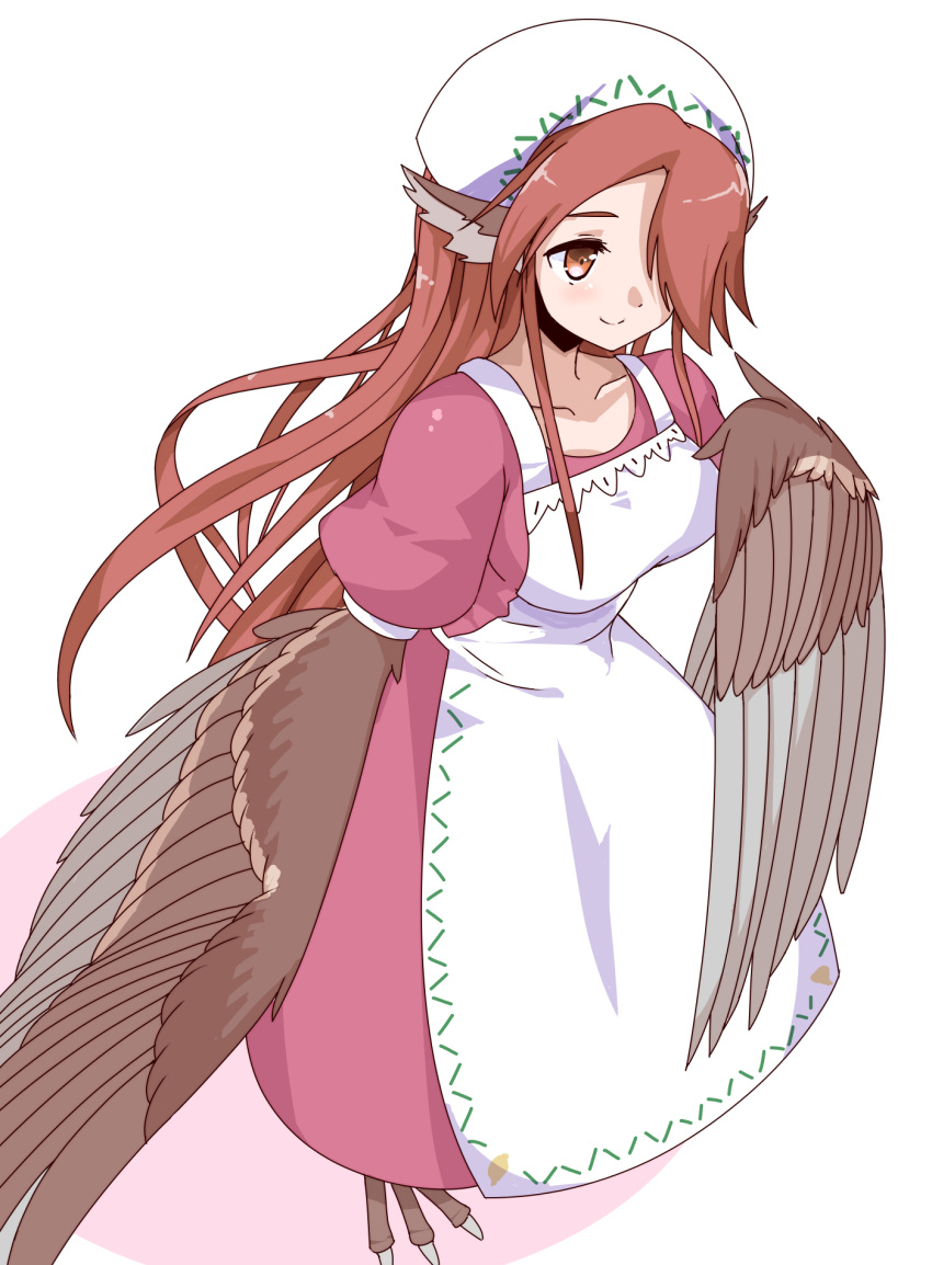 apron brown_hair commentary_request dress feather_hair feathered_wings feathers female hair_over_one_eye harpy head_scarf highres kawasumi_(tk2k_jade) long_hair monster_girl pink_dress rin_(torikissa!) sidelocks smile solo talons torikissa! winged_arms wings