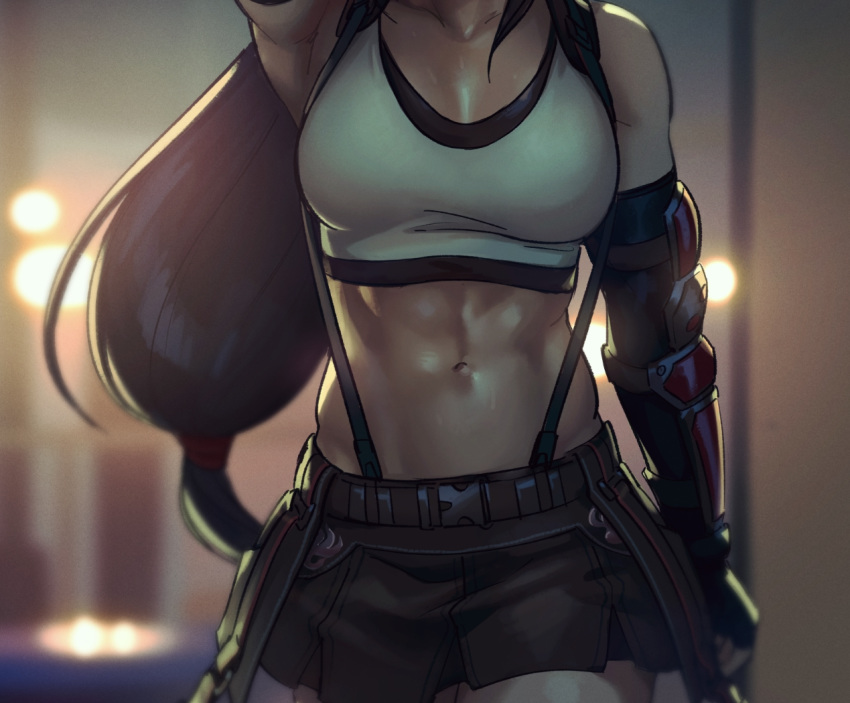 abs arm_guards arm_up armpits black_hair blurry blurry_background breasts cleavage crop_top elbow_gloves female final_fantasy final_fantasy_vii final_fantasy_vii_remake gloves head_out_of_frame long_hair low-tied_long_hair maren_marmulla midriff navel pleated_skirt skirt solo stomach suspenders tank_top tifa_lockhart toned