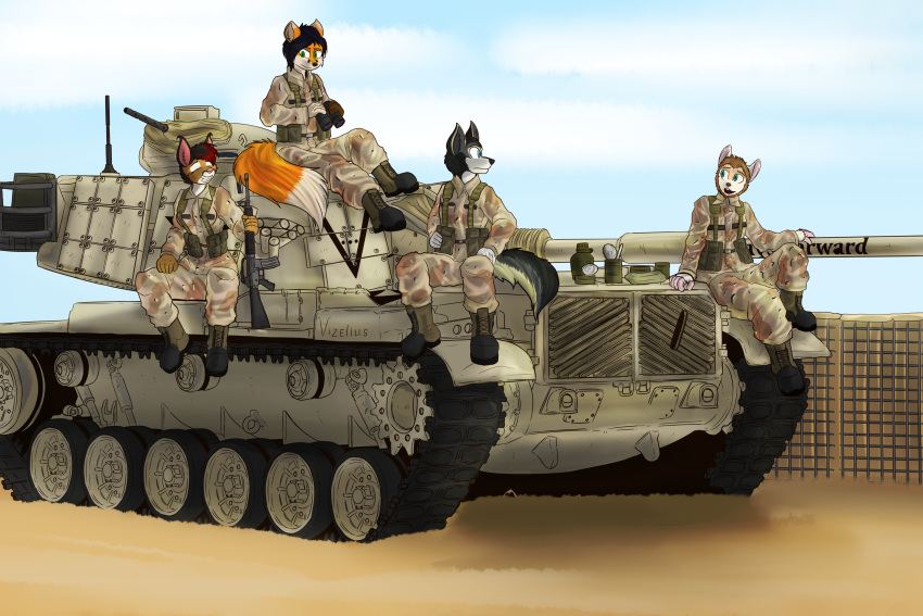 3:2 absurd_res anthro armored_vehicle binoculars blue_sky boots canid canine canis caracal caracal_(genus) claire_felicitous_(calidan) clothing combat_boots desert domestic_dog elias_gadabout_(calidan) elon_flow_(calidan) felid feline female footwear fox group gun hi_res husky m16a2 m60_patton machine_gun male mammal military_uniform military_vehicle nordic_sled_dog ranged_weapon rations raynard sitting sky southern_grasshopper_mouse spitz tank uniform vehicle vizelius weapon