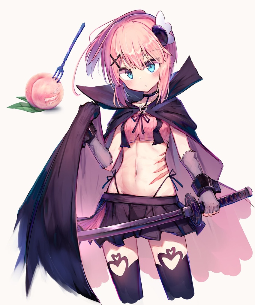 beize_(garbage) black_cape black_choker black_thighhighs blue_eyes blush breasts cape chiyoda_momo choker collarbone commentary cropped_legs female food fruit gloves grey_gloves hair_between_eyes hair_ornament highres holding holding_sword holding_weapon left-handed machikado_mazoku navel parted_lips peach pink_hair ponytail scar scar_on_stomach short_hair simple_background small_breasts solo sword symbol-only_commentary thighhighs weapon white_background x_hair_ornament