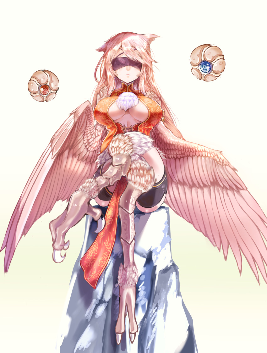 animal_ears blindfold breasts commentary_request crossed_legs feathered_wings feathers female harpy highres kawasumi_(tk2k_jade) large_breasts long_hair monster_girl original pink_feathers pink_hair sitting solo talons winged_arms wings