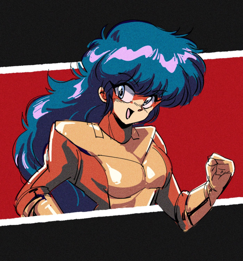 1990s_(style) blue_eyes blue_hair bodysuit breasts clenched_hand cropped_torso english_commentary female flame_(panzer_paladin) hair_behind_ear highres long_hair looking_at_viewer looking_to_the_side open_mouth panzer_paladin pilot_suit potiri02 red_background retro_artstyle science_fiction small_breasts smile solo upper_body