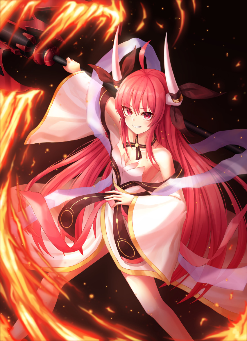 absurdres axe bare_legs bare_shoulders battle_axe black_ribbon breasts cleavage date_a_live female fire hair_between_eyes highres holding holding_axe horn_ornament horn_ribbon horns itsuka_kotori japanese_clothes kimono long_hair looking_at_viewer photoshop_(medium) red_eyes red_hair ribbon ryon_y0421 small_breasts solo very_long_hair weapon wide_sleeves