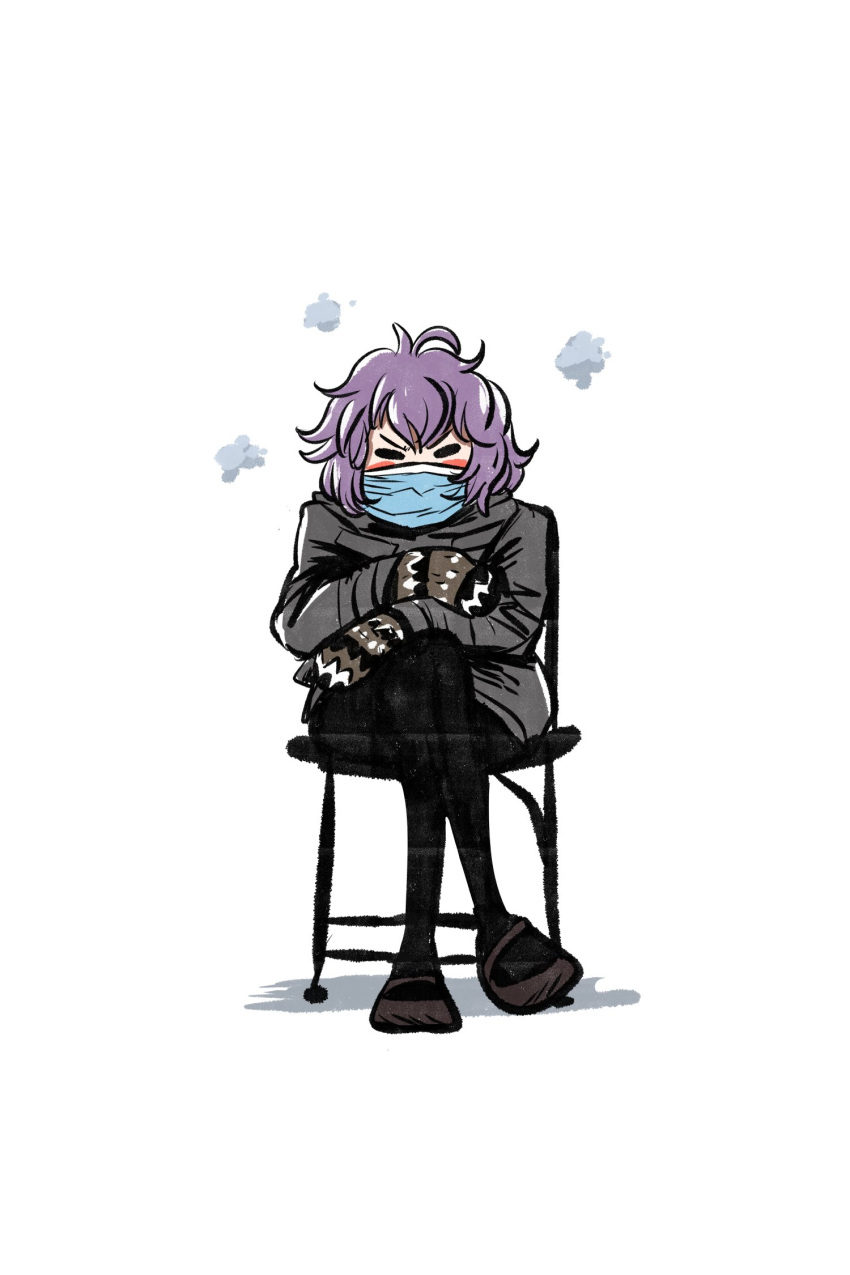 bernadetta_von_varley bernie_sanders bernie_sanders_(cosplay) bernie_sanders_at_2021_united_states_presidential_inauguration_(meme) chair closed_eyes commentary cosplay crossed_legs eric_lide female fire_emblem fire_emblem:_three_houses folding_chair full_body highres mask meme mittens mouth_mask name_connection on_chair purple_hair short_hair sitting solo