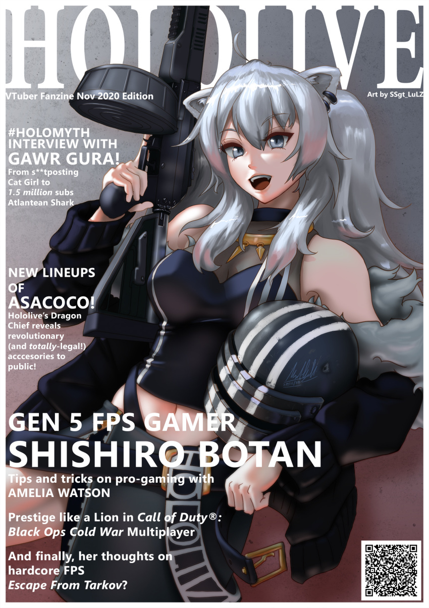 adidas animal_ears artist_name assault_rifle bare_shoulders belt belt_buckle black_jacket black_pants breasts buckle cleavage commentary cosplay cover crossover dated drum_magazine english_commentary english_text escape_from_tarkov fake_magazine_cover fangs female fur-trimmed_jacket fur_trim grey_eyes grey_hair gun hair_between_eyes highres hololive jacket jewelry killa_(escape_from_tarkov) killa_(escape_from_tarkov)_(cosplay) killa_helmet large_breasts light_machine_gun lion_ears lion_girl long_hair looking_at_viewer magazine_(weapon) magazine_cover navel necklace never_gonna_give_you_up open_mouth pants profanity qr_code rifle rpk-16 see-through see-through_cleavage shirt shishiro_botan shishiro_botan_(1st_costume) signature solo ssgt-lulz trigger_discipline two_side_up virtual_youtuber weapon zipper