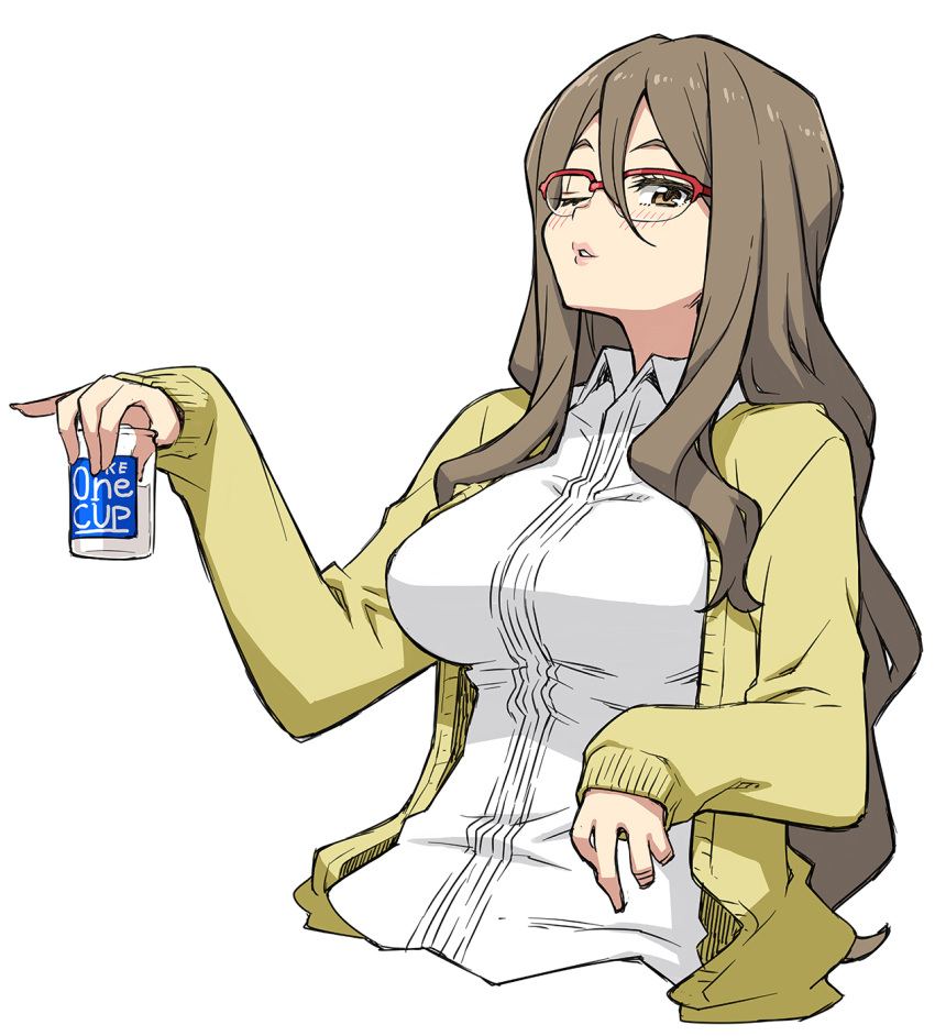 blush breasts brown_eyes brown_hair cardigan collared_shirt cosplay creator_connection cropped_torso cup female glass hair_between_eyes hand_up highres holding holding_cup kono_bijutsubu_niwa_mondai_ga_aru! large_breasts long_hair long_sleeves looking_at_viewer lycoris_recoil nakahara_mizuki one_eye_closed open_cardigan open_clothes over-rim_eyewear parted_lips red-framed_eyewear semi-rimless_eyewear shirt simple_background solo tachibana_yumeko tachibana_yumeko_(cosplay) tamori_tadaji upper_body white_background white_shirt yellow_cardigan