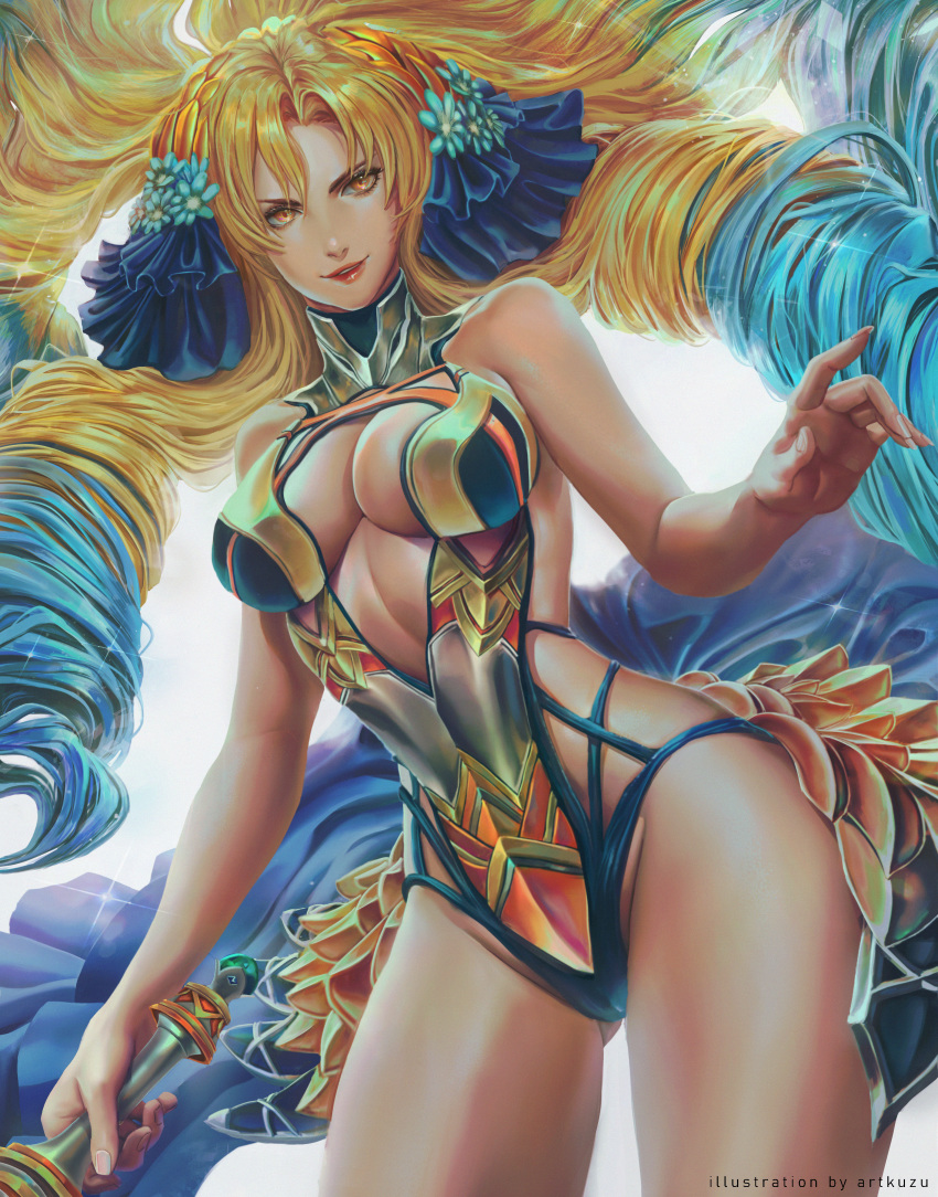 absurdres artofkuzu astraea_(fate) backlighting bare_shoulders big_hair blonde_hair blue_hair breasts center_opening cleavage drill_hair fate/grand_order fate_(series) female gradient_hair highres large_breasts leotard long_hair looking_at_viewer luviagelita_edelfelt multicolored_hair photoshop_(medium) quad_drills smile sword thighs very_long_hair weapon