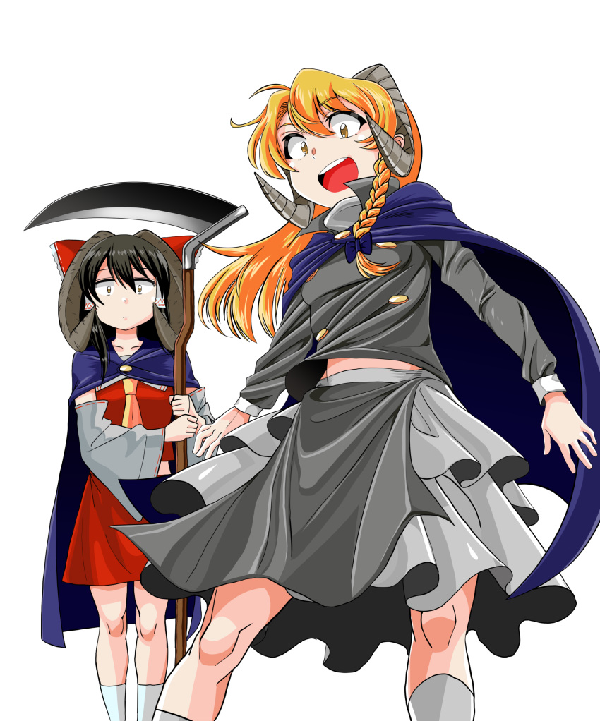 2girls black_hair black_shirt blonde_hair blue_cape bow braid brown_eyes cape closed_mouth commentary_request cookie_(touhou) detached_sleeves eyes_visible_through_hair feet_out_of_frame frilled_bow frills grey_skirt hair_between_eyes hair_tubes hairbow hakurei_reimu highres holding holding_scythe horns kirisame_marisa long_hair long_sleeves looking_at_viewer mugi_(cookie) multiple_girls necktie nicoseiga13360928 nontraditional_miko open_mouth purple_bow red_bow red_shirt red_skirt rei_(cookie) ribbon-trimmed_sleeves ribbon_trim scythe sheep_horns shirt simple_background single_braid skirt sleeveless sleeveless_shirt socks teeth touhou upper_teeth_only white_background white_legwear white_sleeves yellow_eyes yellow_necktie