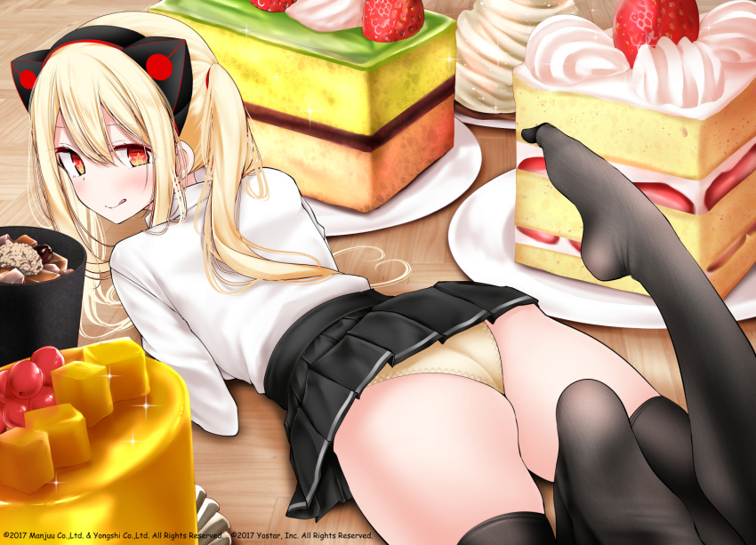 animal_ears ass azur_lane black_skirt black_thighhighs blonde_hair cake cake_slice cat_ears concord_(azur_lane) fake_animal_ears feet feet_up female fine_fabric_emphasis food highres long_sleeves lying miniskirt no_shoes official_art on_floor on_stomach oouso orange_eyes panties pleated_skirt shirt skindentation skirt soles solo star-shaped_pupils star_(symbol) symbol-shaped_pupils the_pose thighhighs toes underwear white_shirt yellow_panties