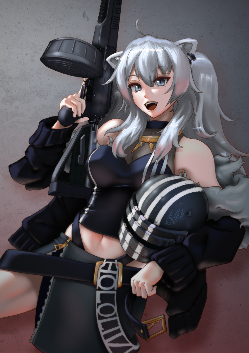 adidas animal_ears assault_rifle bare_shoulders belt belt_buckle black_jacket black_pants breasts buckle cleavage commentary cosplay crossover dated drum_magazine english_commentary escape_from_tarkov fangs female fur-trimmed_jacket fur_trim grey_eyes grey_hair gun hair_between_eyes highres hololive jacket jewelry killa_(escape_from_tarkov) killa_(escape_from_tarkov)_(cosplay) killa_helmet large_breasts light_machine_gun lion_ears lion_girl long_hair looking_at_viewer magazine_(weapon) navel necklace open_mouth pants rifle rpk-16 see-through see-through_cleavage shirt shishiro_botan shishiro_botan_(1st_costume) signature solo ssgt-lulz trigger_discipline two_side_up virtual_youtuber weapon zipper