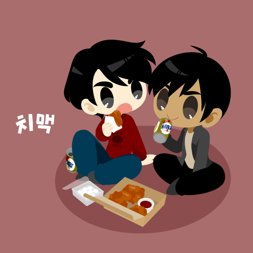 2boys :> :o beer_can black_hair black_pants blue_pants can dark-skinned_male dark_skin drink_can eating food food_request grey_eyes highres indian_style kaorin_minogue korean_text lee_seung-gil male_focus multiple_boys pants phichit_chulanont red_background sitting yuri!!!_on_ice