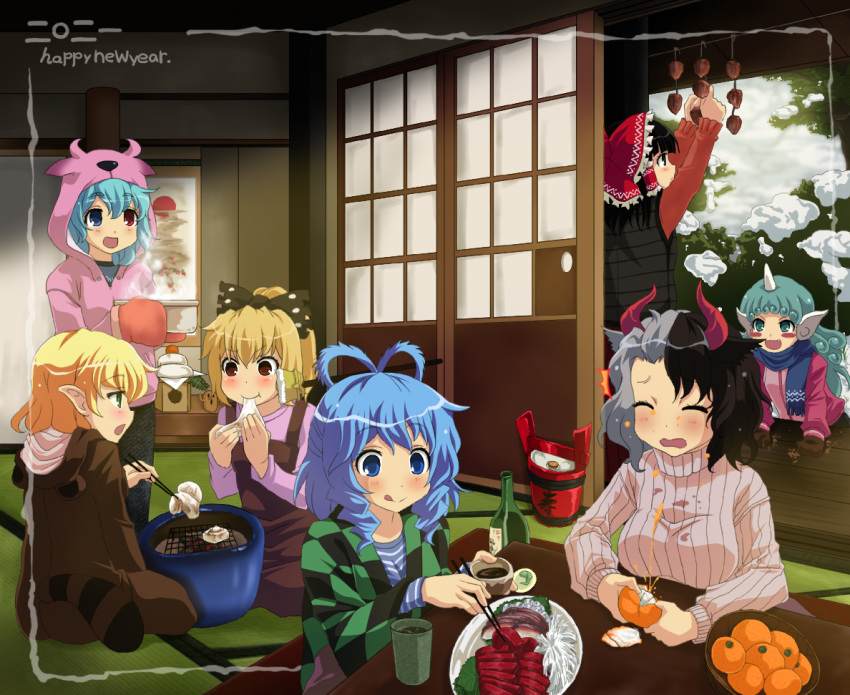 6+girls :q :t ^^^ akuto alcohol alternate_costume animal_costume apron black_bow black_hair black_kimono black_pants black_sweater_vest blonde_hair blouse blue_eyes blue_hair blue_scarf blue_shirt blush blush_stickers bottle bow bowl brown_apron brown_dress brown_eyes chopsticks closed_mouth commentary_request cooking cooking_pot cow_girl cow_horns cup dress drill_hair drill_sidelocks eating failure fish_(food) food frilled_bow frills fruit green_eyes green_kimono grey_hair grill grilling hair_between_eyes hair_ornament hair_rings hair_stick hairbow hakurei_reimu hanging_scroll haniwa_(statue) happy_new_year heterochromia hibachi_(object) holding holding_bowl holding_chopsticks holding_cooking_pot hood hood_up hoodie horns jacket japanese_clothes kagami_mochi kaku_seiga kimono komano_aunn kotatsu kurodani_yamame licking_lips long_sleeves looking_at_another looking_to_the_side mandarin_orange meat mittens mizuhashi_parsee mochi mochi_trail multicolored_hair multiple_girls new_year onesie open_mouth orange_mittens oven_mitts pants peeling persimmon pink_hoodie pink_jacket pink_shirt pointy_ears red_bow red_eyes red_horns sake sake_barrel sake_bottle sashimi scarf scroll shichirin shirt short_hair shouji sidelocks sitting sleeveless sleeveless_dress sliding_doors snow split-color_hair stained_clothes standing steam striped_clothes striped_shirt sweater sweater_vest table tanuki_costume tatami tatara_kogasa tongue tongue_out touhou turtleneck turtleneck_sweater two-tone_hair ushizaki_urumi yunomi