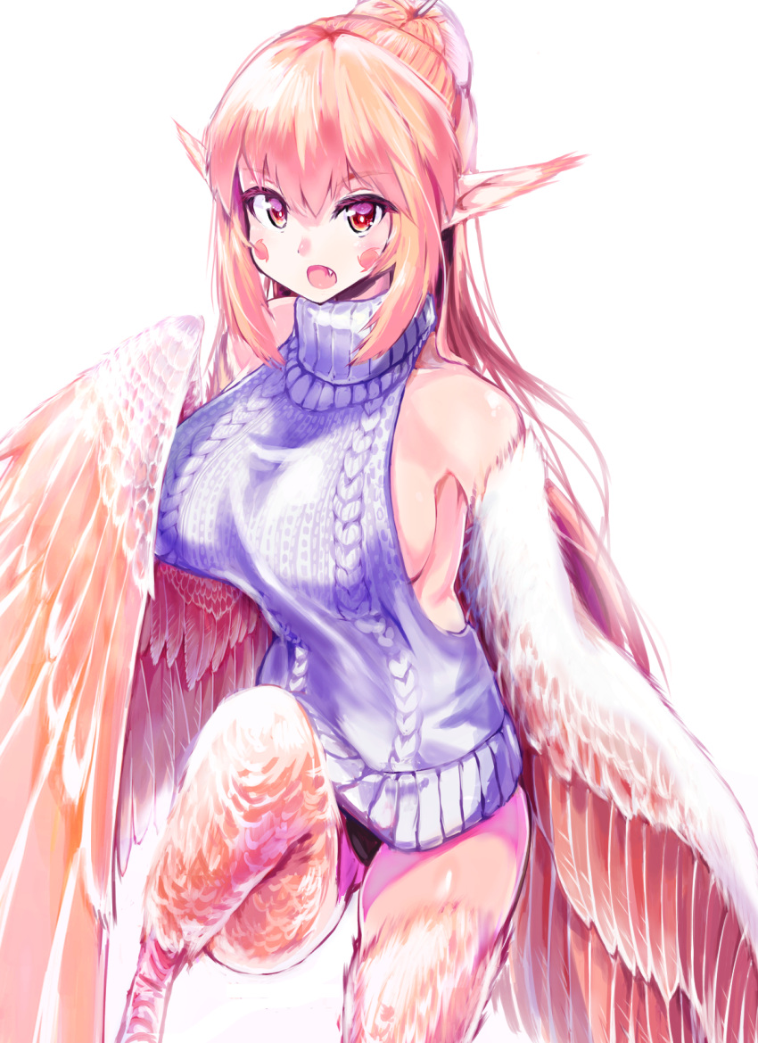 black_panties blonde_hair commentary_request facial_mark feathered_wings feathers female hair_bun harpy highres kawasumi_(tk2k_jade) long_hair meme_attire monster_girl oerba_yun_fang open_mouth original panties pink_feathers pointy_ears red_eyes single_hair_bun solo underwear virgin_killer_sweater winged_arms wings