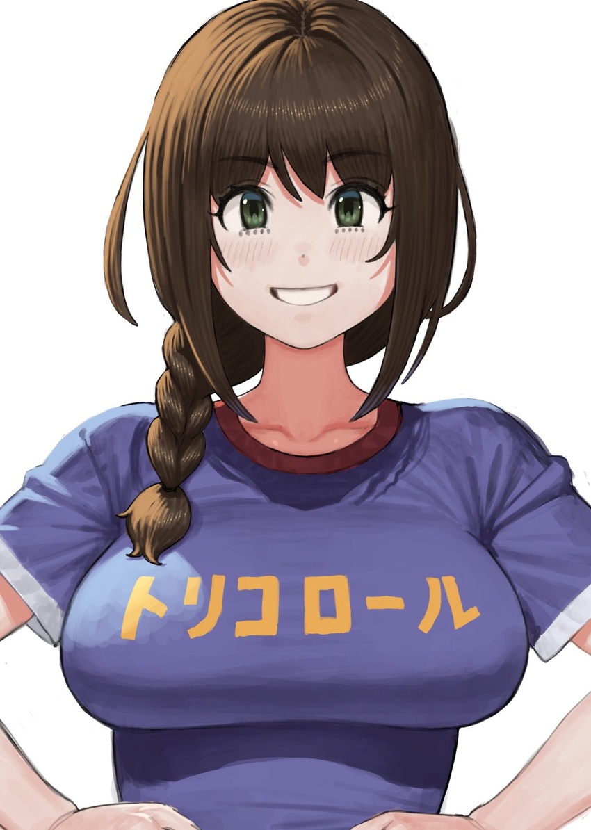 blue_shirt blush braid breasts brown_eyes brown_hair collarbone commentary_request female hands_on_own_hips highres large_breasts looking_at_viewer maruko_tooto miyu_katou print_shirt shirt short_sleeves simple_background single_braid smile solo translated upper_body white_background yuuki_bakuhatsu_bang_bravern