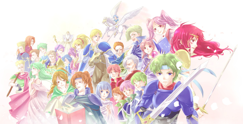 6+boys 6+girls alm_(fire_emblem) armor atlas_(fire_emblem) bandana beard black_gloves blonde_hair blue_eyes blue_hair boey_(fire_emblem) book brown_hair cape celica_(fire_emblem) character_request clair_(fire_emblem) clive_(fire_emblem) commentary_request deen_(fire_emblem_gaiden) delthea_(fire_emblem) eyepatch facial_hair fire_emblem fire_emblem_gaiden forsyth_(fire_emblem) genny_(fire_emblem) gloves gray_(fire_emblem) green_hair headband horse ichino_tomizuki jesse_(fire_emblem) kamui_(fire_emblem) kliff_(fire_emblem) lance leon_(fire_emblem_echoes) long_hair lukas_(fire_emblem) luthier_(fire_emblem) mae_(fire_emblem) mathilda_(fire_emblem) multiple_boys multiple_girls mycen_(fire_emblem) nomah_(fire_emblem) open_mouth pegasus pink_eyes pink_hair polearm ponytail profile purple_eyes purple_hair python_(fire_emblem) red_eyes red_hair saber_(fire_emblem) short_hair silque_(fire_emblem) smile sonya_(fire_emblem_gaiden) staff sword tatiana_(fire_emblem) tiara tobin_(fire_emblem) translated twintails valbar_(fire_emblem) weapon white_hair