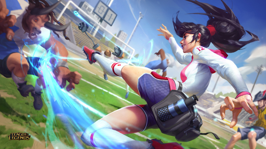 3boys akali alistar_(league_of_legends) all-star_akali alternate_form animal ball beard black_hair blitzcrank blue_shirt blue_shorts bovine breasts building cloud cow_boy cow_horns facial_hair female grass hat highres horns judge league_of_legends long_hair medium_breasts multiple_boys official_art open_mouth outdoors photoshop_(medium) playing_games playing_sports red_footwear robot shirt short_hair shorts sky soccer soccer_ball soccer_uniform sportswear twisted_fate white_hair white_shirt world_cup