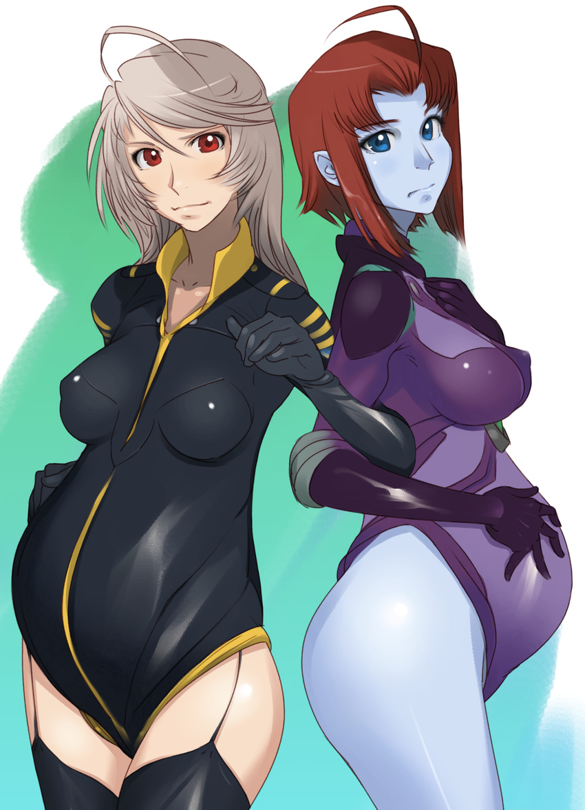 2girls ahoge blue_eyes blue_skin brown_hair collarbone colored_skin commentary_request covered_nipples garter_straps grey_hair hand_on_own_stomach highres long_hair melda_deitz multiple_girls pregnant red_eyes short_hair skin_tight suesan thighhighs uchuu_senkan_yamato uchuu_senkan_yamato_2199 yamamoto_akira