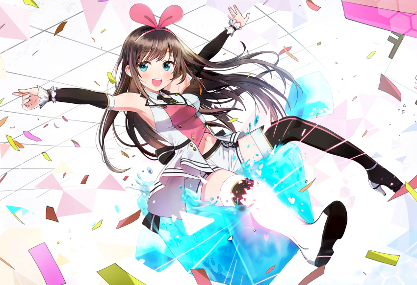 :d armpits arms_up bare_shoulders blue_eyes blush boots breasts brown_hair commentary confetti cube detached_sleeves female glowing hair_ribbon hairband high_heel_boots high_heels highres kizuna_ai kizuna_ai_(elegant) kizuna_ai_inc. long_hair looking_at_viewer medium_breasts multicolored_hair navel open_mouth outstretched_arms pink_hair pink_hairband ribbon seicoh shorts smile solo streaked_hair thigh_boots thighhighs two-tone_hair very_long_hair virtual_youtuber water white_shorts