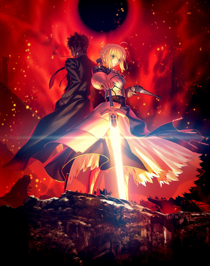 1boy absurdres ahoge armor armored_dress artoria_pendragon_(fate) back-to-back black_hair blonde_hair blue_dress blue_ribbon dress eclipse emiya_kiritsugu excalibur_(fate/stay_night) fate/zero fate_(series) female from_below glowing glowing_sword glowing_weapon great_grail green_eyes gun hair_ribbon hand_in_pocket hand_on_hilt handgun highres holding holding_gun holding_sword holding_weapon necktie official_art outdoors planted red_necktie ribbon saber_(fate) serious short_hair sword takeuchi_takashi thompson/center_contender weapon