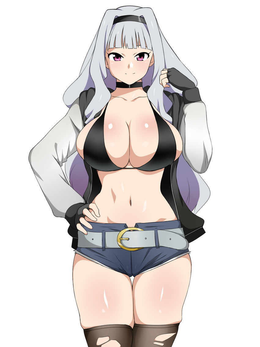 belt belt_buckle bikini bikini_top_only bikini_under_clothes black_bikini black_gloves black_hairband black_thighhighs blunt_bangs breasts buckle cameltoe choker cleavage collarbone commentary_request female fingerless_gloves gloves grey_hair hairband hand_on_own_hip highres idolmaster idolmaster_(classic) jacket kagemusha large_breasts long_hair looking_at_viewer navel no_shirt open_clothes open_jacket purple_eyes shijou_takane short_shorts shorts simple_background smile solo standing stomach swimsuit thigh_gap thighhighs thighs torn_clothes torn_thighhighs white_background