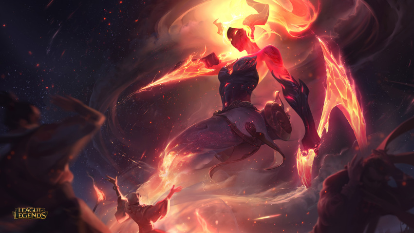 3boys akali alternate_form armor bare_shoulders dagger demon_horns female fire fleeing giant giantess highres holding holding_weapon horns infernal_akali knife league_of_legends long_hair multiple_boys official_art photoshop_(medium) praying red_eyes scared scroll sky torch weapon wristband