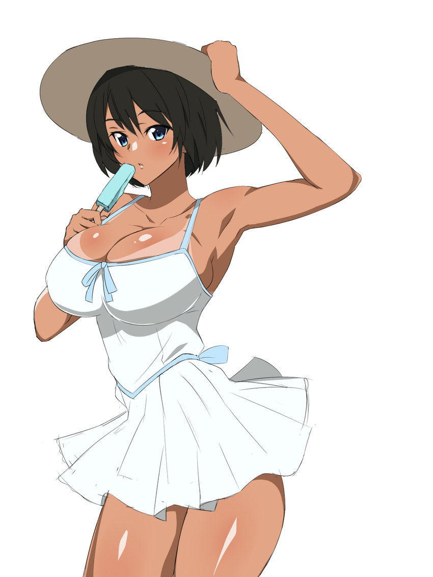 armpits black_hair blue_eyes breasts cleavage commentary_request cowboy_shot dark-skinned_female dark_skin dress female food hand_on_headwear hat highres kagemusha large_breasts looking_at_viewer original popsicle short_hair simple_background sleeveless sleeveless_dress solo tan tanlines white_background