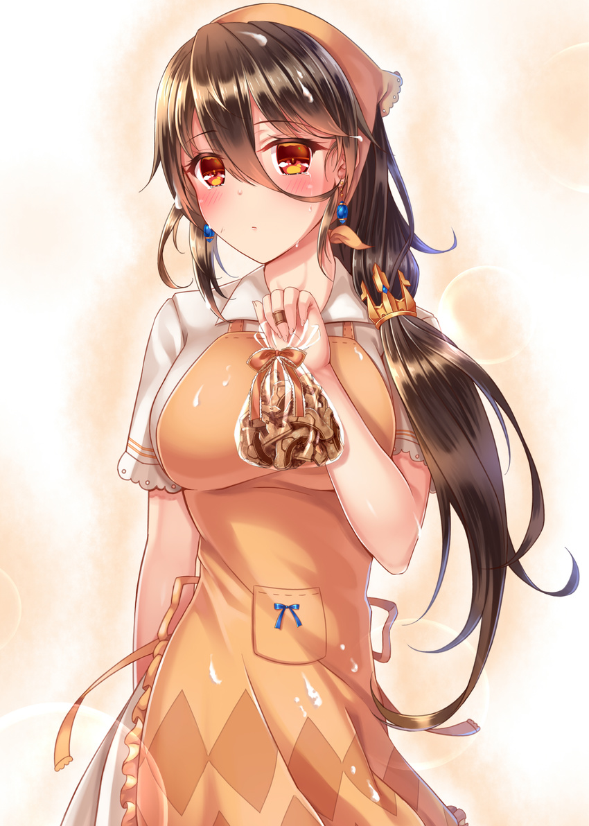 absurdres alternate_costume apron black_hair blush breasts commentary_request cookie cream crown earrings female food gift hair_between_eyes hair_over_shoulder highres jewelry large_breasts long_hair looking_at_viewer queen_elizabeth_(warship_girls_r) red_eyes solo tears warship_girls_r zhou_yu_(ppaaqz1995)