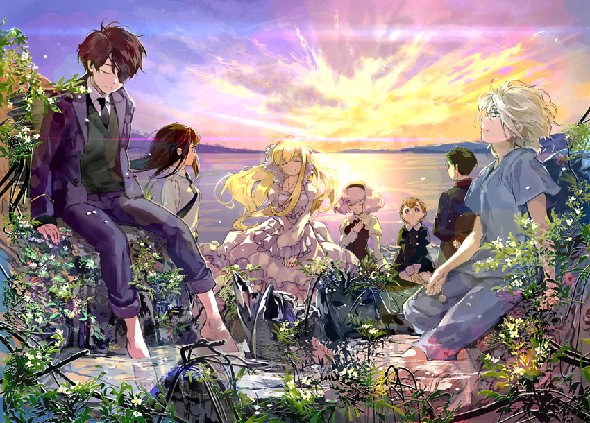 3boys 4girls aldnoah.zero asseylum_vers_allusia bad_id bad_pixiv_id blonde_hair brown_hair eddelrittuo formal harklight ichinose777 kaizuka_inaho kaizuka_yuki lemrina_vers_envers long_hair multiple_boys multiple_girls necktie ocean overgrown photoshop_(medium) purple_hair short_hair sky slaine_troyard smile suit water