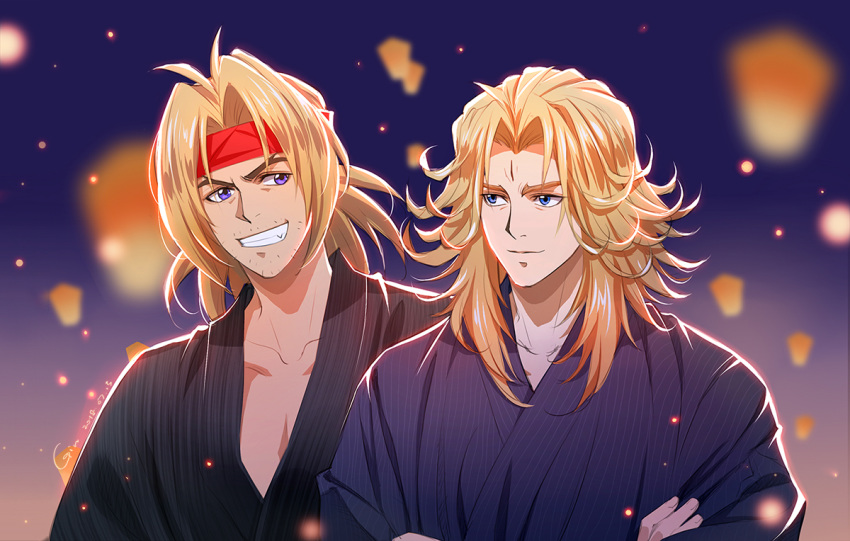 2boys blonde_hair blue_eyes blurry blurry_background bunchuu chinese_commentary closed_mouth commentary_request crossed_arms facial_hair headband houshin_engi japanese_clothes kenin kimono kou_hiko light_smile long_hair male_focus multiple_boys photoshop_(medium) purple_eyes red_headband smile stubble teeth third_eye