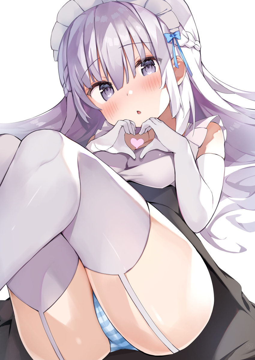 :o absurdres bare_shoulders blush braid cameltoe chestnut_mouth commentary_request elbow_gloves female frills garter_straps gloves grey_hair hair_between_eyes half_updo heart heart_hands high-waist_skirt highres long_hair looking_at_viewer lying maid maid_headdress on_back original panties purple_eyes shin_no_tenpii skirt solo striped_clothes striped_panties thighhighs underbust underwear upskirt white_garter_straps white_gloves white_thighhighs