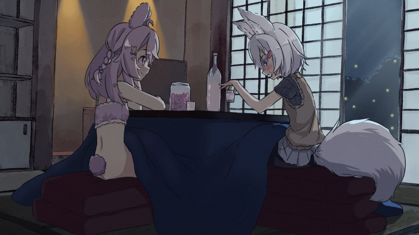 2girls alcohol animal_ears bad_id bad_twitter_id black_shirt blush bottle bottomless bra butt_crack commentary cup drinking english_commentary flat_chest fox_ears fox_girl fox_tail frilled_bra frills grey_hair highres holding holding_cup inactive_account kiirokuma kotatsu multiple_girls no_panties open_mouth phase_connect pink_bra pink_eyes pipkin_pippa purple_eyes rabbit_ears rabbit_girl rabbit_tail shirt sitting skirt smile table tail tenma_maemi tenma_maemi_(1st_costume) underwear vest virtual_youtuber white_skirt yellow_vest