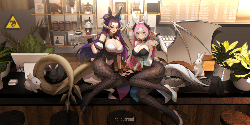 2girls absurdres animal_ears baenalux bare_shoulders black_footwear blue_eyes breasts cafe cleavage coffee commission desk dragon_girl dragon_horns fishnets full_body heterochromia high_heels highres horns indie_virtual_youtuber kari_shimai large_breasts long_hair multicolored_hair multiple_girls on_desk pantyhose pink_hair playboy_bunny rabbit_ears roll_out_road sitting table tray two-tone_hair virtual_youtuber