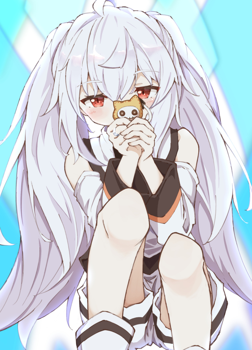 bad_id bad_pixiv_id bare_shoulders commentary_request detached_sleeves feet_out_of_frame female grey_hair hair_between_eyes hands_up highres holding isla_(plastic_memories) jewelry long_hair long_sleeves looking_at_viewer matsuo_(matuonoie) own_hands_together plastic_memories red_eyes ring shirt short_shorts shorts sleeveless sleeveless_shirt solo twintails very_long_hair white_shirt white_shorts white_sleeves