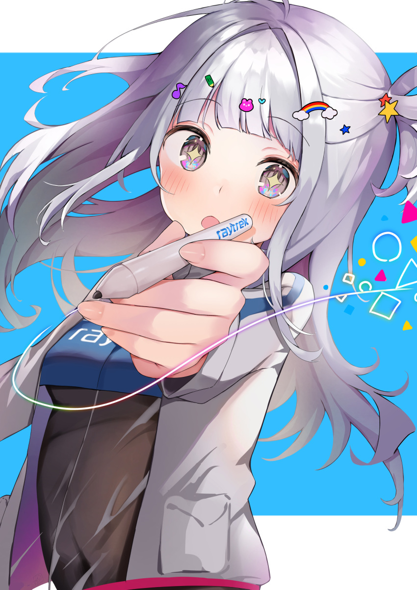 +_+ :o absurdres ahoge blunt_bangs blush covered_navel female grey_hair hair_intakes hair_ornament hair_rings highres jacket long_hair long_sleeves musical_note musical_note_hair_ornament one_side_up open_mouth original personification purple_eyes rainbow_hair_ornament shin_no_tenpii sidelocks solo star_(symbol) star_hair_ornament stylus white_jacket